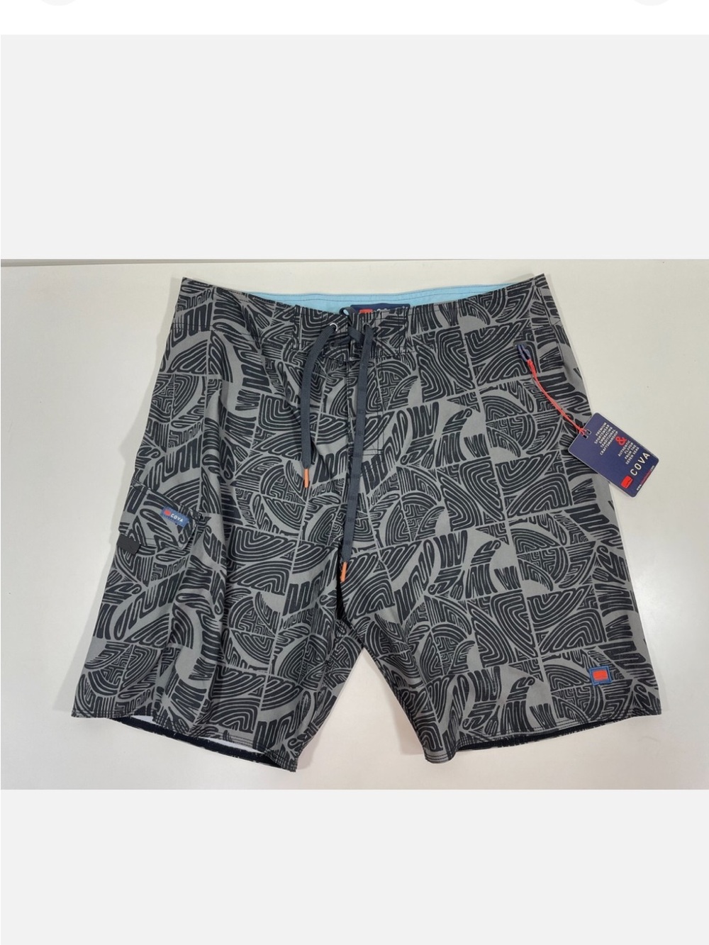 Men's Grey Geo-Print Swim Board Shorts with Drawstring